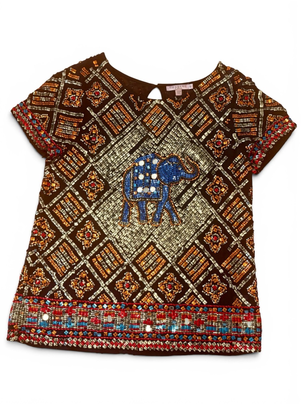 Calypso St. Barth Brown Short-Sleeve womens Top with Blue Beaded Elephant